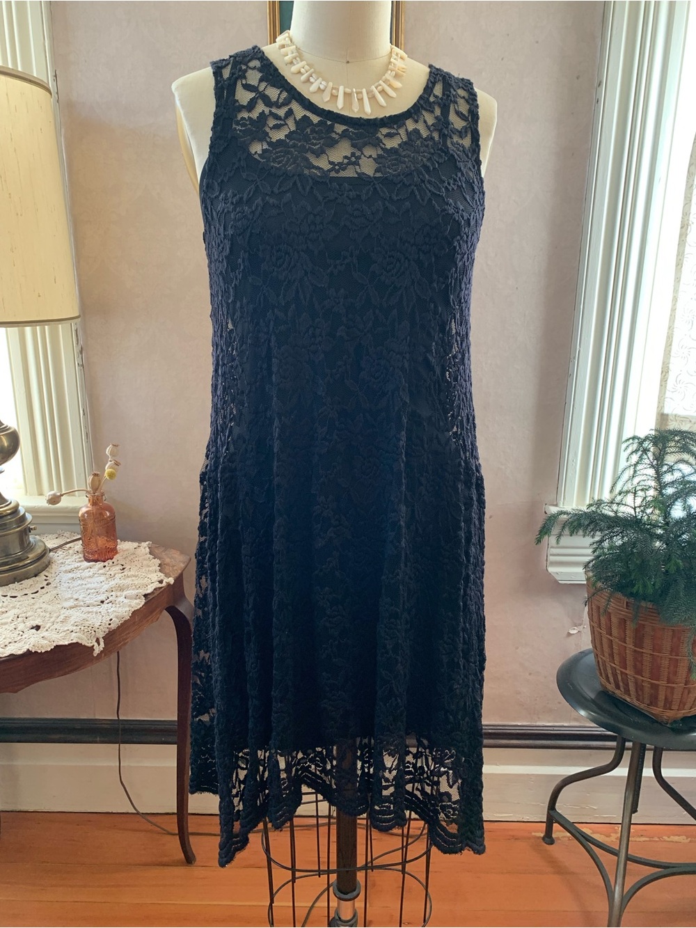 Sleeveless Black Sheer Lace A-Line Dress with Slip